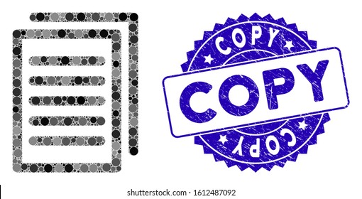 Mosaic copy icon and grunge stamp watermark with Copy caption. Mosaic vector is composed with copy icon and with scattered circle elements. Copy stamp seal uses blue color, and grunge design.