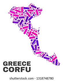 Mosaic Corfu Island map isolated on a white background. Vector geographic abstraction in pink and violet colors. Mosaic of Corfu Island map combined of scattered round dots and lines.