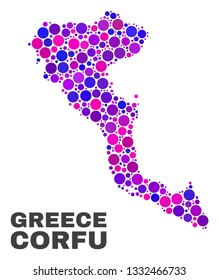 Mosaic Corfu Island map isolated on a white background. Vector geographic abstraction in pink and violet colors. Mosaic of Corfu Island map combined of random spheric elements.