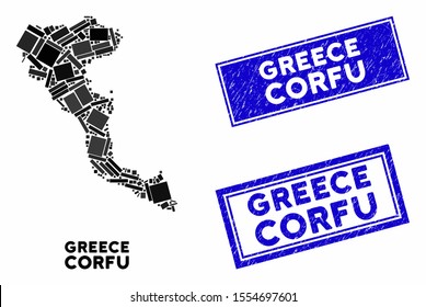 Mosaic Corfu Island map and rectangular seals. Flat vector Corfu Island map mosaic of randomized rotated rectangular items. Blue caption seals with dirty surface.