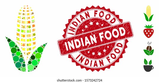 Mosaic corn icon and grunge stamp seal with Indian Food caption. Mosaic vector is formed from corn icon and with scattered spheric spots. Indian Food stamp uses red color, and grunge surface.