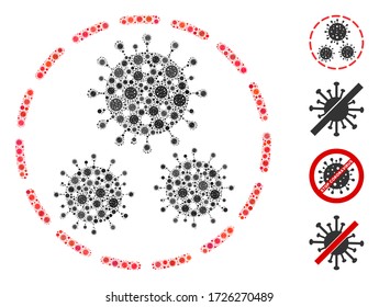 Área del coronavirus mosaico diseñada a partir de íconos del virus de la gripe en diferentes tamaños y colores. Los iconos virales vectoriales se agrupan en un icono de área de coronavirus de mosaico abstracto. Se añaden algunos iconos adicionales.