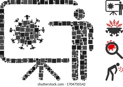 Mosaic Coronavirus lecture icon composed of square items in random sizes and color hues. Vector square items are composed into abstract mosaic coronavirus lecture icon. Bonus icons is added.