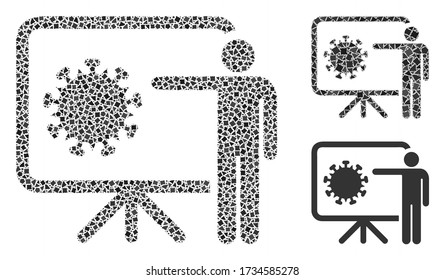 Mosaic Coronavirus lecture icon constructed from uneven parts in variable sizes, positions and proportions. Vector uneven parts are combined into abstract collage coronavirus lecture icon.