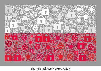 Mosaic coronavirus lockdown Poland flag created with locks and virulent icons. Vector collage rectangle Poland flag designed for pandemic advertisement.