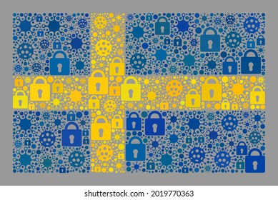 Bandera de Suecia de bloqueo de coronavirus mosaico diseñada con cerraduras y elementos bacterianos. Mosaico vectorial recto bandera de Suecia diseñada para fondos de pantalla de cuarentena.