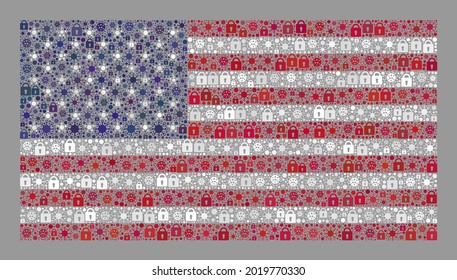 Mosaic coronavirus lockdown USA flag designed of locks and covid items. Vector mosaic straight USA flag done for health care illustrations. USA flag collage is done of scattered covid elements.