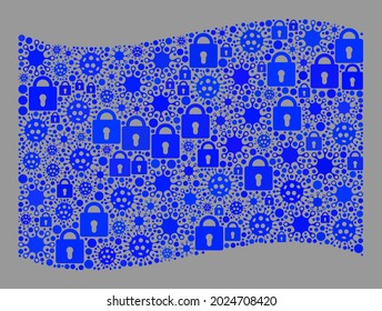 Bloqueo Mosaic coronavirus enarbolando bandera azul diseñada de cerraduras y elementos cómodos. Collage vectorial ondeando bandera azul diseñada para aplicaciones epidémicas.