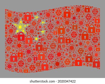 Mosaic coronavirus lockdown waving China flag designed of locks and coronavirus elements. Vector collage windy China flag created for pandemic propaganda.