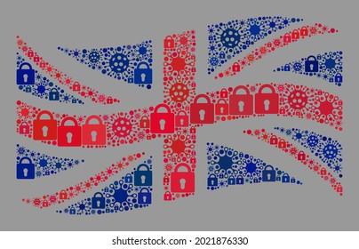 Mosaikkoronavirus versperrt schwingende britische Flagge mit Schlössern und Virusartikeln. Vektormosaik schwingende britische Flagge für Anwendungen im Gesundheitswesen.
