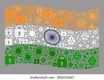 Mosaic coronavirus lockdown waving India flag designed of locks and coronavirus items. Vector mosaic waving India flag designed for quarantine wallpapers.