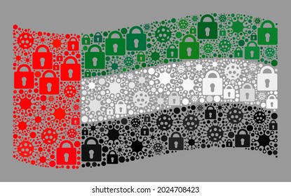 Mosaic coronavirus lockdown waving United Arab Emirates flag designed with locks and contagious items. Vector mosaic waving United Arab Emirates flag constructed for inoculation projects.