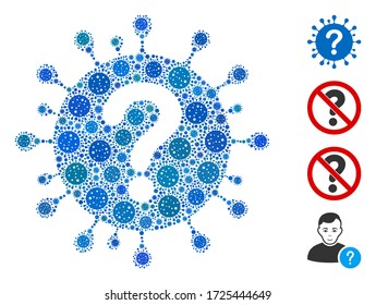 Pregunta del coronavirus mosaico organizada a partir de íconos del virus de la gripe en tamaños aleatorios y tonos de color. Los íconos virales vectoriales se organizan en un icono abstracto de pregunta de coronavirus de mosaico. Se añaden algunos iconos adicionales.