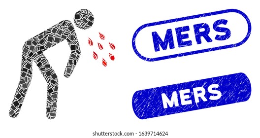 Mosaic coronavirus sickness icon and red rounded corroded stamp seal with Mers caption and coronavirus symbol.