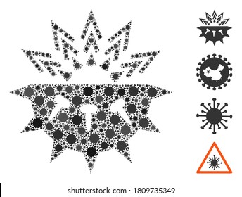 Mosaic coronavirus structure composed of SARS virus icons in different sizes and color hues. Vector viral icons are grouped into abstract mosaic coronavirus structure icon. Some bonus icons are added.