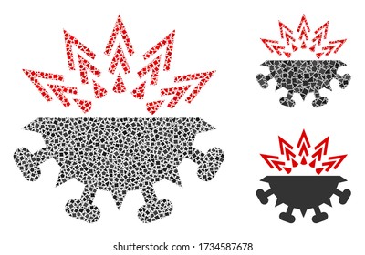 Mosaik Coronavirus Struktur Symbol bestehend aus abrupten Teilen in verschiedenen Größen, Positionen und Proportionen. Vektor unregelmäßige Punkte werden in abstrakte Illustrationsbilder koronavirus Struktur Symbol zusammengesetzt.