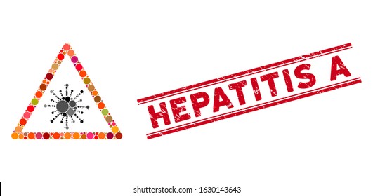 Mosaic coronavirus warning icon and rubber stamp seal with Hepatitis A phrase between double parallel lines. Mosaic vector is formed with coronavirus warning icon and with randomized round items.