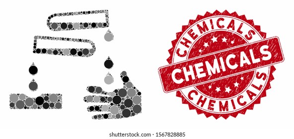 Mosaic corrosive drops and corroded stamp seal with Chemicals caption. Mosaic vector is designed with corrosive drops icon and with scattered circle elements. Chemicals stamp seal uses red color,