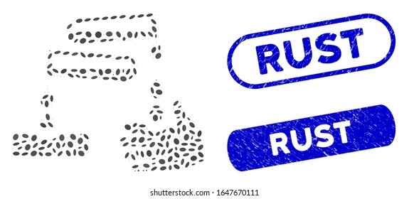 Mosaic corrosive drops and rubber stamp watermarks with Rust phrase. Mosaic vector corrosive drops is created with random ellipse parts. Rust stamp seals use blue color,