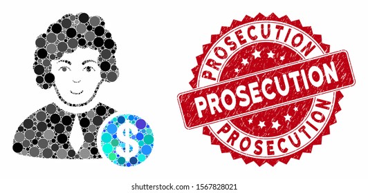 Mosaic corrupt judge and corroded stamp watermark with Prosecution caption. Mosaic vector is composed with corrupt judge icon and with random circle items. Prosecution stamp seal uses red color,