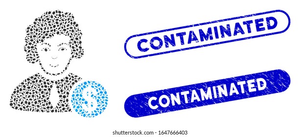 Mosaic corrupt judge and distressed stamp seals with Contaminated caption. Mosaic vector corrupt judge is formed with randomized oval dots. Contaminated stamp seals use blue color,
