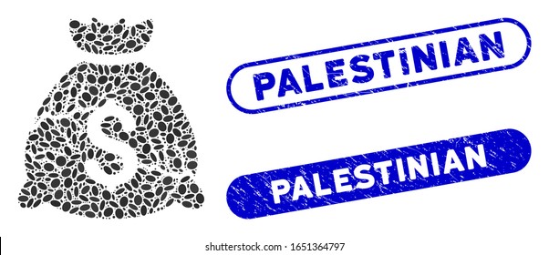 Mosaic corrupted fund and distressed stamp seals with Palestinian text. Mosaic vector corrupted fund is created with randomized oval dots. Palestinian stamp seals use blue color,