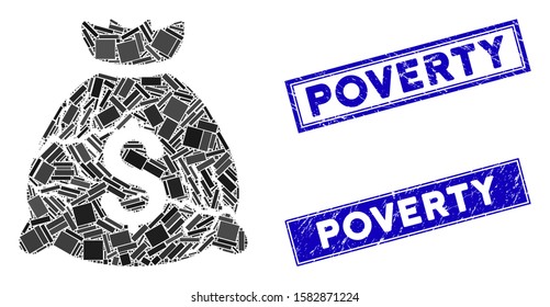 Mosaic corrupted fund icon and rectangle Poverty stamps. Flat vector corrupted fund mosaic icon of randomized rotated rectangle elements. Blue Poverty seals with corroded surface.