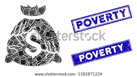 Mosaic corrupted fund icon and rectangle Poverty stamps. Flat vector corrupted fund mosaic icon of randomized rotated rectangle elements. Blue Poverty seals with corroded surface.