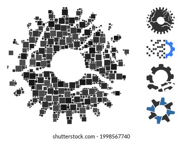 Mosaic Corrupted gear icon united from square elements in random sizes and color hues. Vector square elements are united into abstract composition corrupted gear icon. Bonus icons are placed.