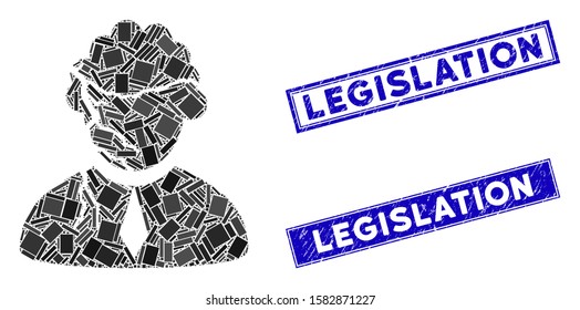 Mosaic corrupted judge icon and rectangle Legislation seals. Flat vector corrupted judge mosaic icon of random rotated rectangular elements. Blue Legislation seals with scratched textures.