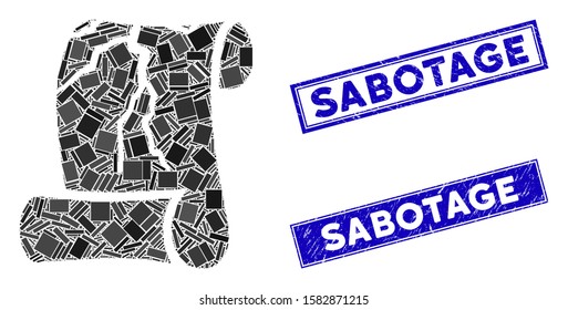 Mosaic corrupted law document icon and rectangle Sabotage seal stamps. Flat vector corrupted law document mosaic icon of scattered rotated rectangle elements. Blue Sabotage stamps with grunge texture.