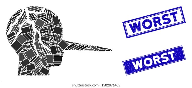 Mosaic corrupted liar icon and rectangle Worst seals. Flat vector corrupted liar mosaic icon of random rotated rectangle items. Blue Worst seals with rubber textures.