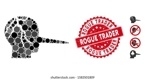 Mosaic corrupted liar icon and rubber stamp seal with Rogue Trader phrase. Mosaic vector is created with corrupted liar icon and with scattered circle elements. Rogue Trader seal uses red color,