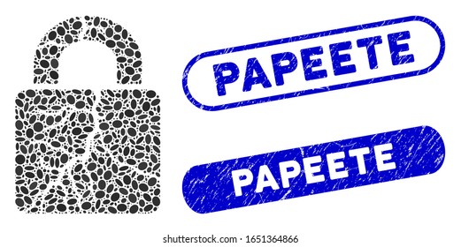 Cierre con sellos de sellos corroídos y cortados mosaicos con la leyenda Papeete. El bloqueo dañado del vector mosaico se compone de puntos ovales dispersos. Los sellos de sello de papeete tienen color azul,