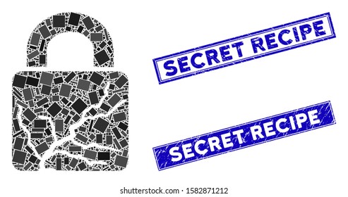 Mosaic corrupted lock pictogram and rectangle Secret Recipe watermarks. Flat vector corrupted lock mosaic pictogram of randomized rotated rectangle items.