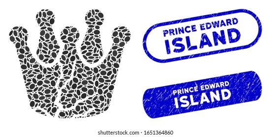 Mosaic corrupted monarchy and distressed stamp seals with Prince Edward Island phrase. Mosaic vector corrupted monarchy is created with random oval items.