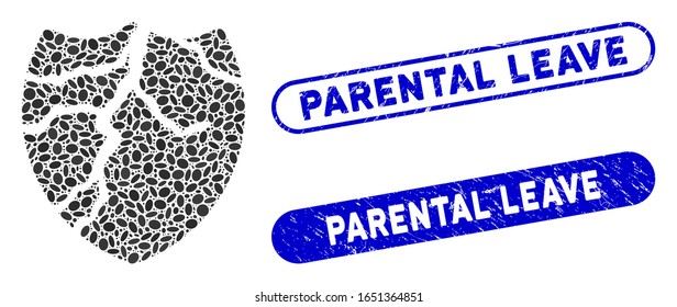 Mosaic corrupted shield and distressed stamp seals with Parental Leave caption. Mosaic vector corrupted shield is composed with scattered oval spots. Parental Leave seals use blue color,