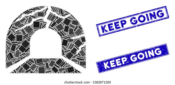 Mosaic corrupted tunnel pictogram and rectangular Keep Going watermarks. Flat vector corrupted tunnel mosaic pictogram of random rotated rectangular items.