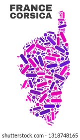 Mosaic Corsica map isolated on a white background. Vector geographic abstraction in pink and violet colors. Mosaic of Corsica map combined of scattered circle dots and lines.