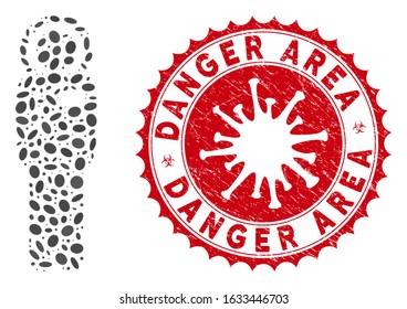 Mosaic cosmonaut icon and red round rubber stamp seal with Danger Area caption and coronavirus symbol. Mosaic vector is formed with cosmonaut icon and with scattered oval spots.