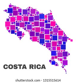 Mosaic Costa Rica map isolated on a white background. Vector geographic abstraction in pink and violet colors. Mosaic of Costa Rica map combined of scattered small squares.