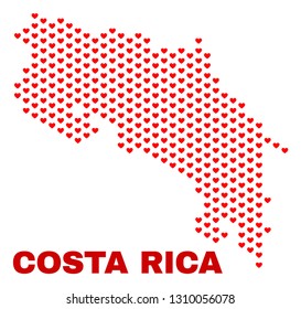Mosaic Costa Rica map of love hearts in red color isolated on a white background. Regular red heart pattern in shape of Costa Rica map. Abstract design for Valentine decoration.