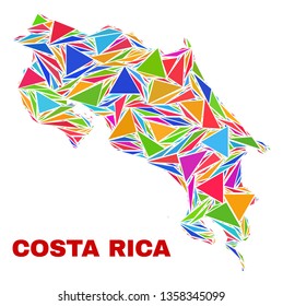 Mosaic Costa Rica map of triangles in bright colors isolated on a white background. Triangular collage in shape of Costa Rica map. Abstract design for patriotic decoration.