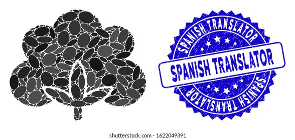 Mosaic cotton flower icon and grunge stamp watermark with Spanish Translator caption. Mosaic vector is formed with cotton flower icon and with random ellipse elements.