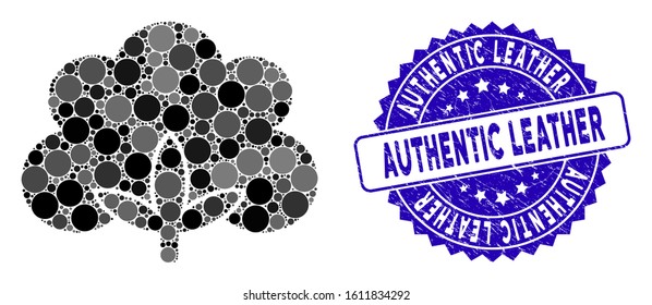 Mosaic cotton flower icon and rubber stamp seal with Authentic Leather text. Mosaic vector is formed from cotton flower icon and with random spheric elements. Authentic Leather stamp uses blue color,