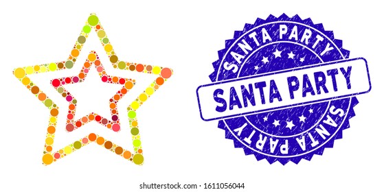 Mosaic countour stars icon and grunge stamp watermark with Santa Party caption. Mosaic vector is designed with countour stars icon and with randomized round elements.