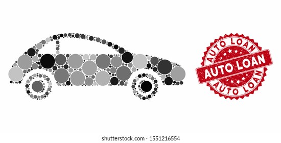 Mosaic coupe car and corroded stamp watermark with Auto Loan text. Mosaic vector is created with coupe car icon and with random circle elements. Auto Loan stamp seal uses red color, and rubber design.