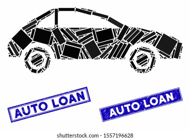 Mosaic coupe car pictogram and rectangle seal stamps. Flat vector coupe car mosaic pictogram of randomized rotated rectangular items. Blue caption seal stamps with scratched surface.