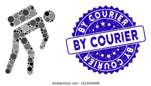 Mosaic courier icon and distressed stamp seal with By Courier text. Mosaic vector is created with courier icon and with random round items. By Courier stamp seal uses blue color, and rubber surface.