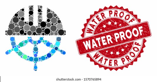 Mosaic covered steering wheel and rubber stamp seal with Water Proof caption. Mosaic vector is composed from covered steering wheel icon and with scattered circle spots.